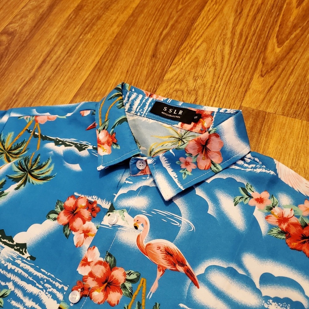 Flamingo Hawaiian Shirt Adult Small Blue Tropical Palm Tree Hibiscus Floral SSLR